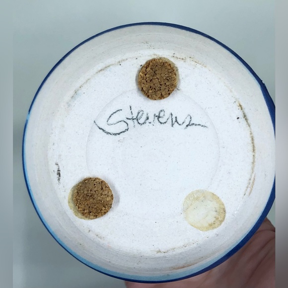 Art Pottery Basket Bamboo Handle Signed “Stevens” Painted Flowers Pansies - Picture 6 of 16